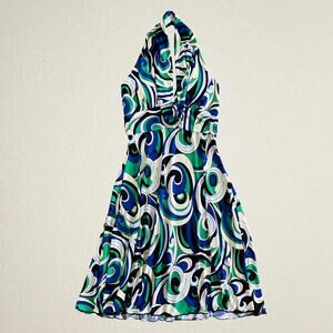 Groovy swirl print halter top dress with O ring, Y2K bohemian eclectic retro
